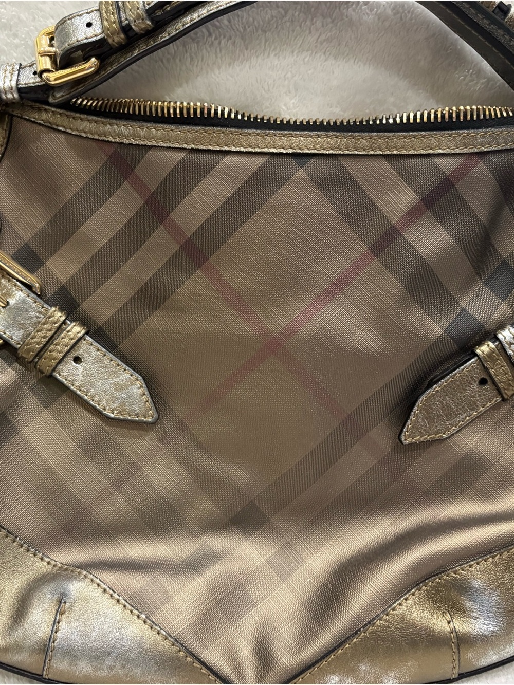 Authentic Burberry Nova Check Shoulder Bag | Metallic Bronze Leather Trim